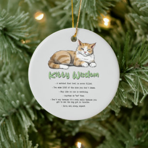 Kitty Wisdom – Funny Cat Rules with a Brown Cat Ceramic Tree Decoration