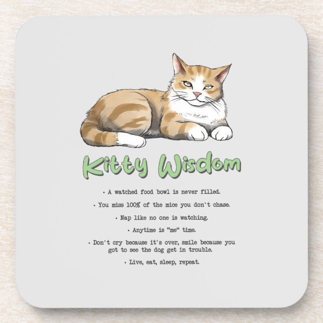 Kitty Wisdom – Funny Cat Rules with a Brown Cat Coaster (Front)