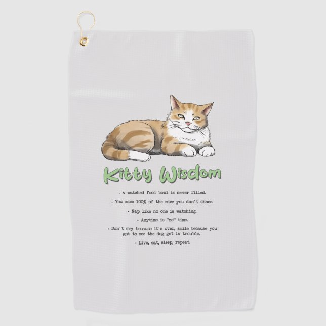 Kitty Wisdom – Funny Cat Rules with a Brown Cat Golf Towel (Front)