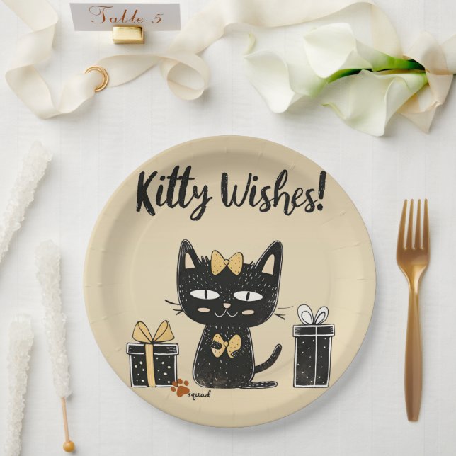 Kitty Wishes-Cute Black Cat With Present-Birthday Paper Plate (Wedding)