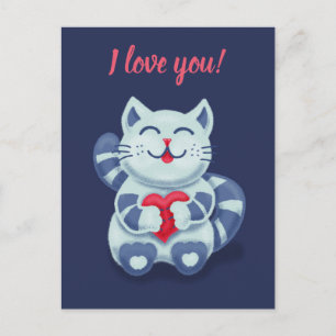 Kitty With Heart Cute Blue Cat I Love You Postcard