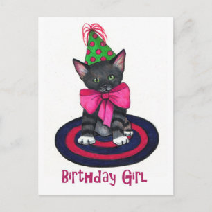 Kitty With Pink Bow: Birthday Girl: Colour Pencil Postcard