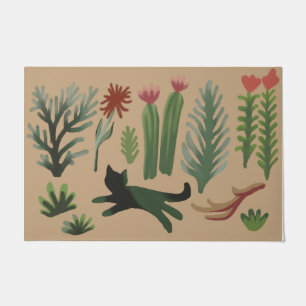 Kitty With Plants Doormat, Cute Cat Rug