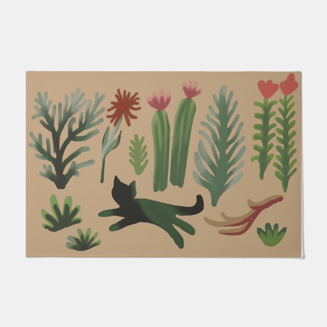 Kitty With Plants Doormat, Cute Cat Rug (Front)