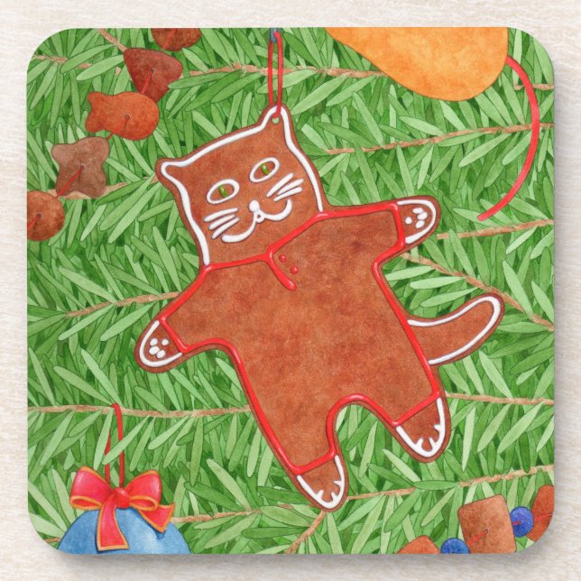 Kitty's Christmas Tree Hard Plastic Coasters (Front)