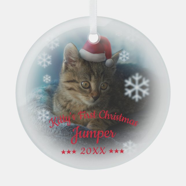 Kitty's First Christmas | Cat Name Snowflake Glass Tree Decoration (Front)