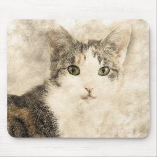 Kittys Full Attention Abstract Watercolor Mouse Mat