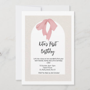 Kitu's First Birthday Invitation Card- Pink bow
