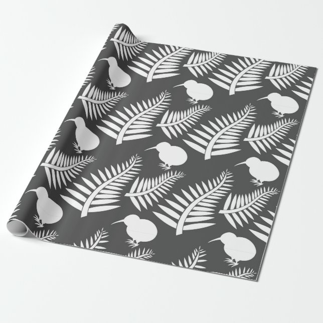 Kiwi and ferns New Zealand Wrapping Paper (Unrolled)