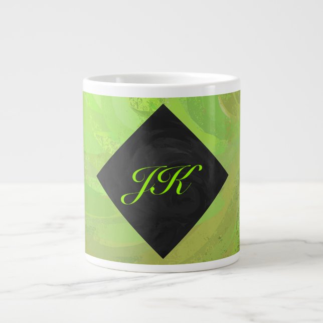 Kiwi Bash Green and Black Monogram Large Coffee Mug (Front)