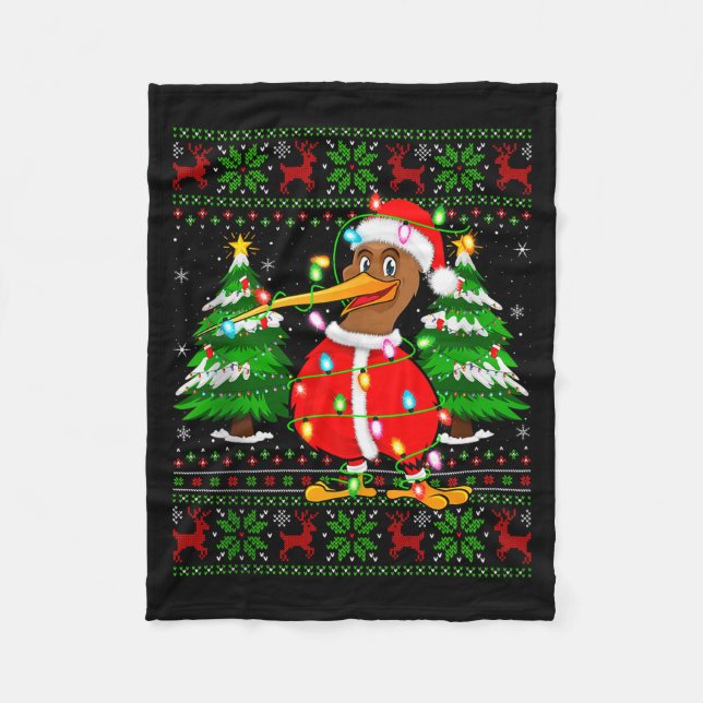 Kiwi Bird Christmas Lights Santa Costume Ugly Xmas Fleece Blanket (Front)