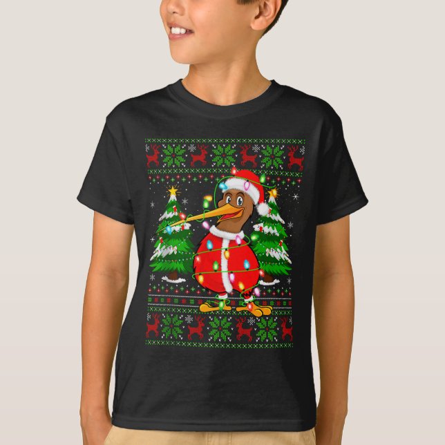 Kiwi Bird Christmas Lights Santa Costume Ugly Xmas T-Shirt (Front)