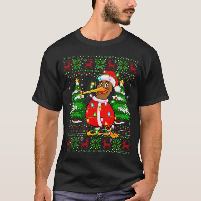 Kiwi Bird Christmas Lights Santa Costume Ugly Xmas T-Shirt (Front)