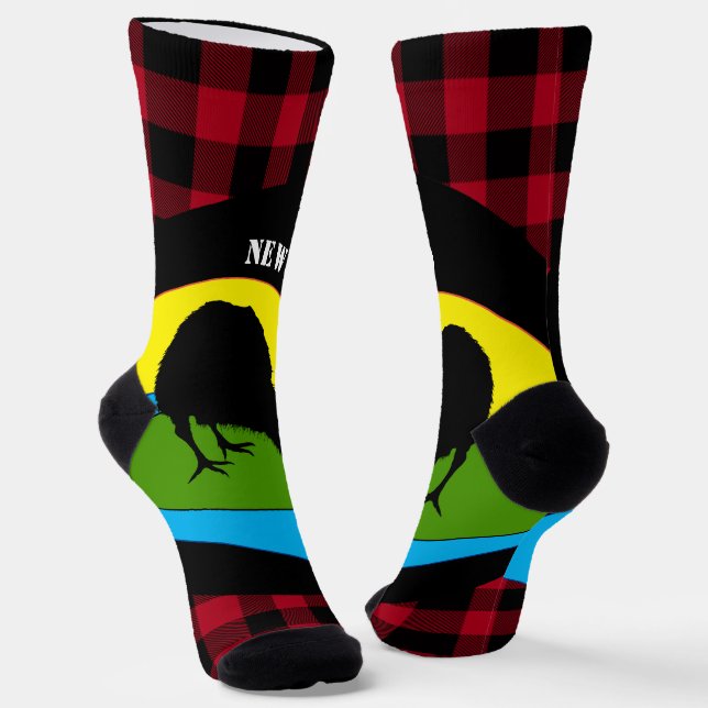 Kiwi Bird Christmas New Zealand, Buffalo Plaid Socks (Angled)