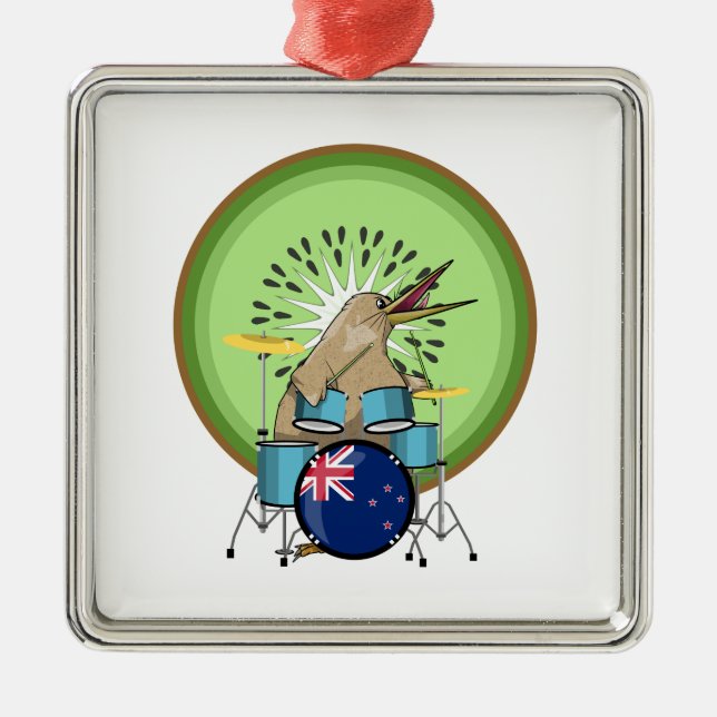 Kiwi Bird Drummer Metal Tree Decoration (Front)