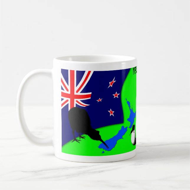 Kiwi Bird, Egg & New Zealand Map (drawing) Coffee Mug (Left)