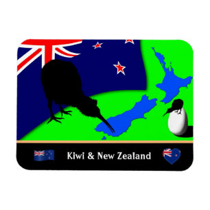 Kiwi Bird, Flag & Map of New Zealand /art Magnet