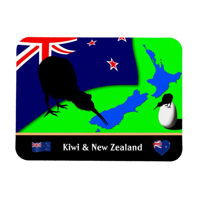Kiwi Bird, Flag & Map of New Zealand /art Magnet (Horizontal)