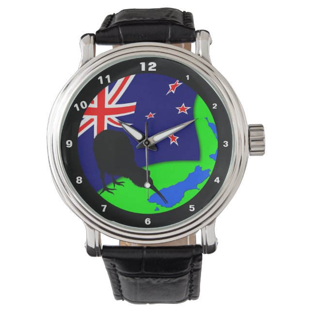 Kiwi Bird & New Zealand Flag/Map Art (Watch) Watch (Front)