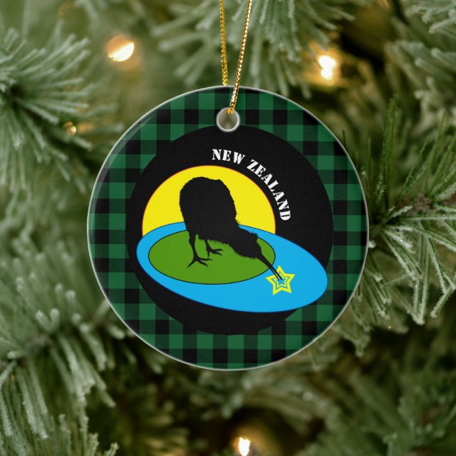 Kiwi Bird & New Zealand Green Buffalo Plaid Rustic Ceramic Tree Decoration (Tree)