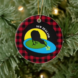 Kiwi Bird & New Zealand, Red Buffalo Plaid Rustic Ceramic Tree Decoration
