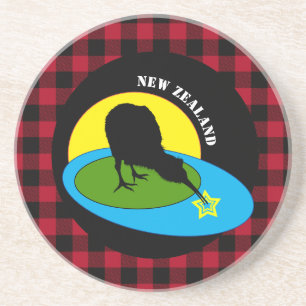 Kiwi Bird & New Zealand, Red Buffalo Plaid Rustic Coaster