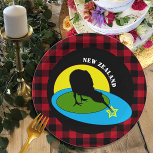 Kiwi Bird & New Zealand, Red Buffalo Plaid Rustic Paper Plate