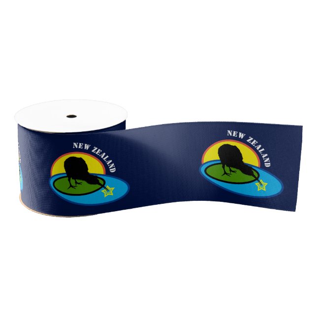 Kiwi Bird & New Zealand Wrapping / blue Grosgrain Ribbon (Spool)
