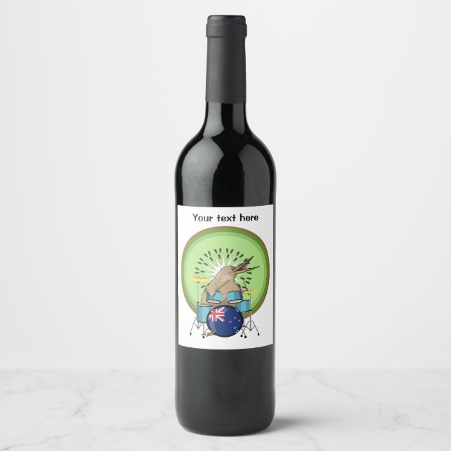 Kiwi Bird Playing Drums Wine Label (Front)