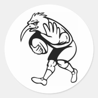 Kiwi bird rugby player with ball fending off classic round sticker