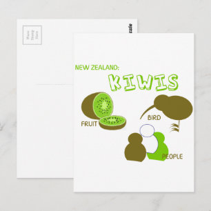 Kiwi fruit,birds,people cartoon green postcard