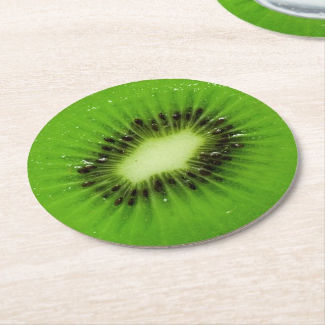 Kiwi Fruit Fresh Slice Round Paper Coaster (Angled)