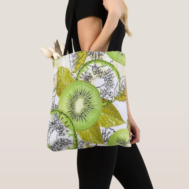Kiwi, fruity, green and white, fresh, juicy, white tote bag (Close Up)