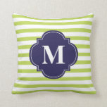 Kiwi Green and Navy Blue Stripes Monogram Cushion<br><div class="desc">Chic custom decorative accent throw pillow. Personalise with your initial, monogram, name or any text of your choice.</div>