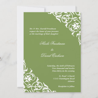 Kiwi green corner scroll script elegant wedding invitation