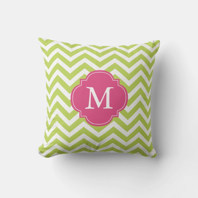 Kiwi Green Fuschia Zigzag Pattern Monogram Cushion (Front)