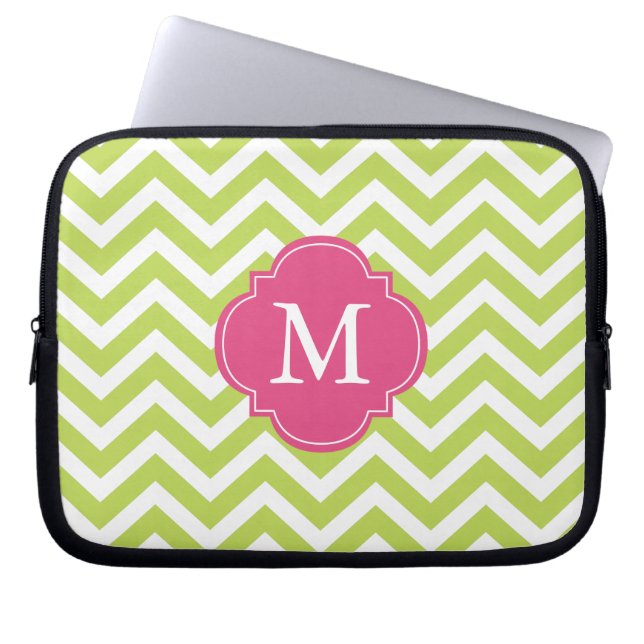 Kiwi Green & Fuschia Zigzags Pattern Monogram Laptop Sleeve (Front)
