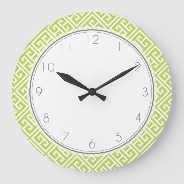 Kiwi Green Greek Key Pattern Large Clock (Front)