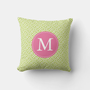 Kiwi Green Pink Greek Key Pattern Monogram Cushion