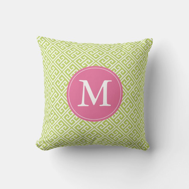 Kiwi Green Pink Greek Key Pattern Monogram Cushion (Front)