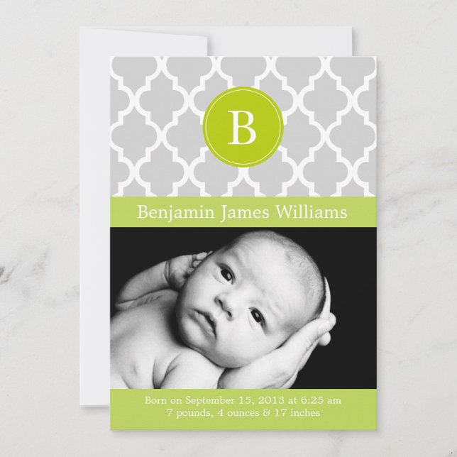 Kiwi Green Quatrefoil Monogram Birth Announcements (Front)