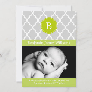 Kiwi Green Quatrefoil Monogram Birth Announcements