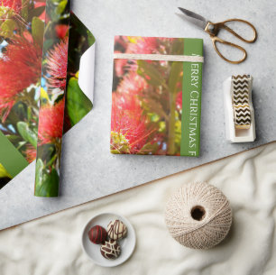 KIWI NZ RED GREEN POHUTUKAWA FLOWER XMAS MESSAGE WRAPPING PAPER