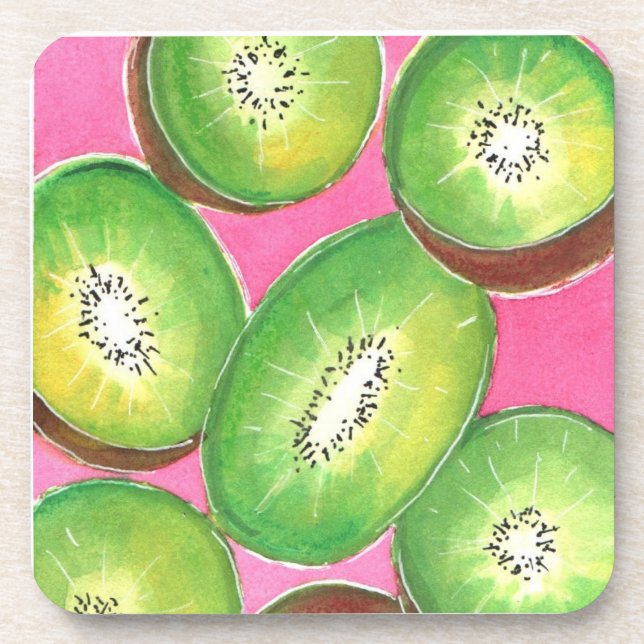 Kiwi on pink cocktail napkin neon green and pink coaster (Front)