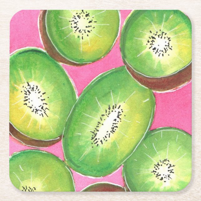Kiwi on pink cocktail napkin neon green and pink square paper coaster (Front)