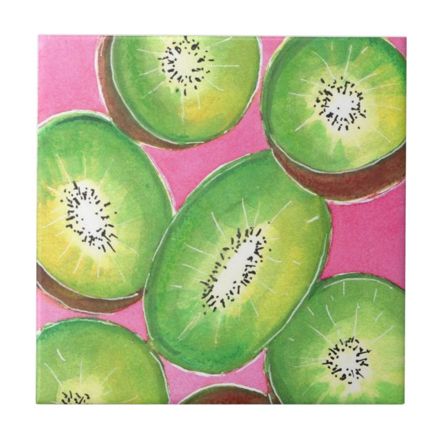 Kiwi on pink cocktail napkin neon green and pink tile (Front)