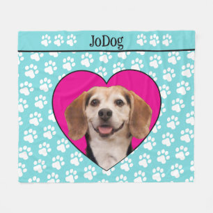 Kiwi Pet Photo Teal Paw Print Heart Fleece Blanket
