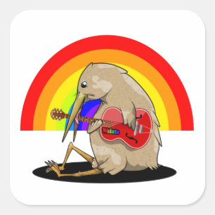 Kiwi playing guitar rainbow square sticker