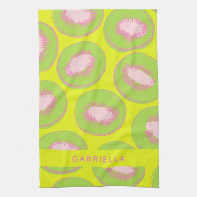 Kiwi Pop Art Fruit Pattern Green Pink Personalised Tea Towel (Vertical)