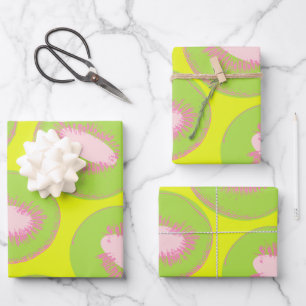 Kiwi Pop Art Fruit Pattern in Chartreuse and Pink Wrapping Paper Sheet